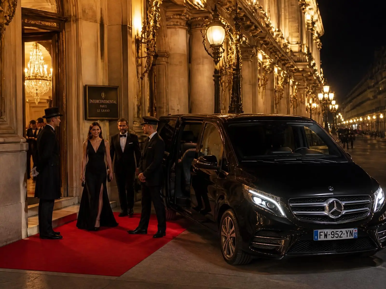 Van Mercedes-Benz Classe V TSPVIP devant un palace parisien lors d'un événement