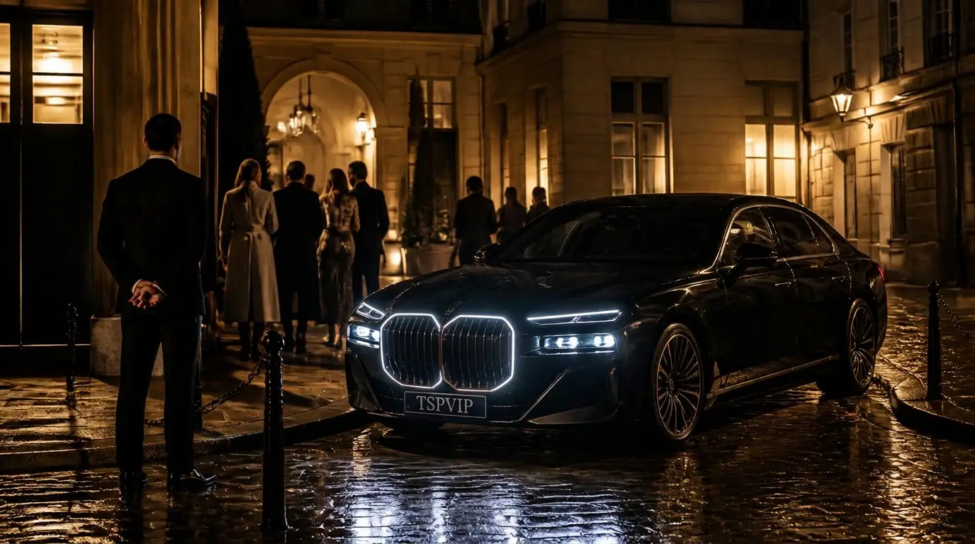 BMW i7 noire avec chauffeur privé TSP VIP à Paris pendant Gims