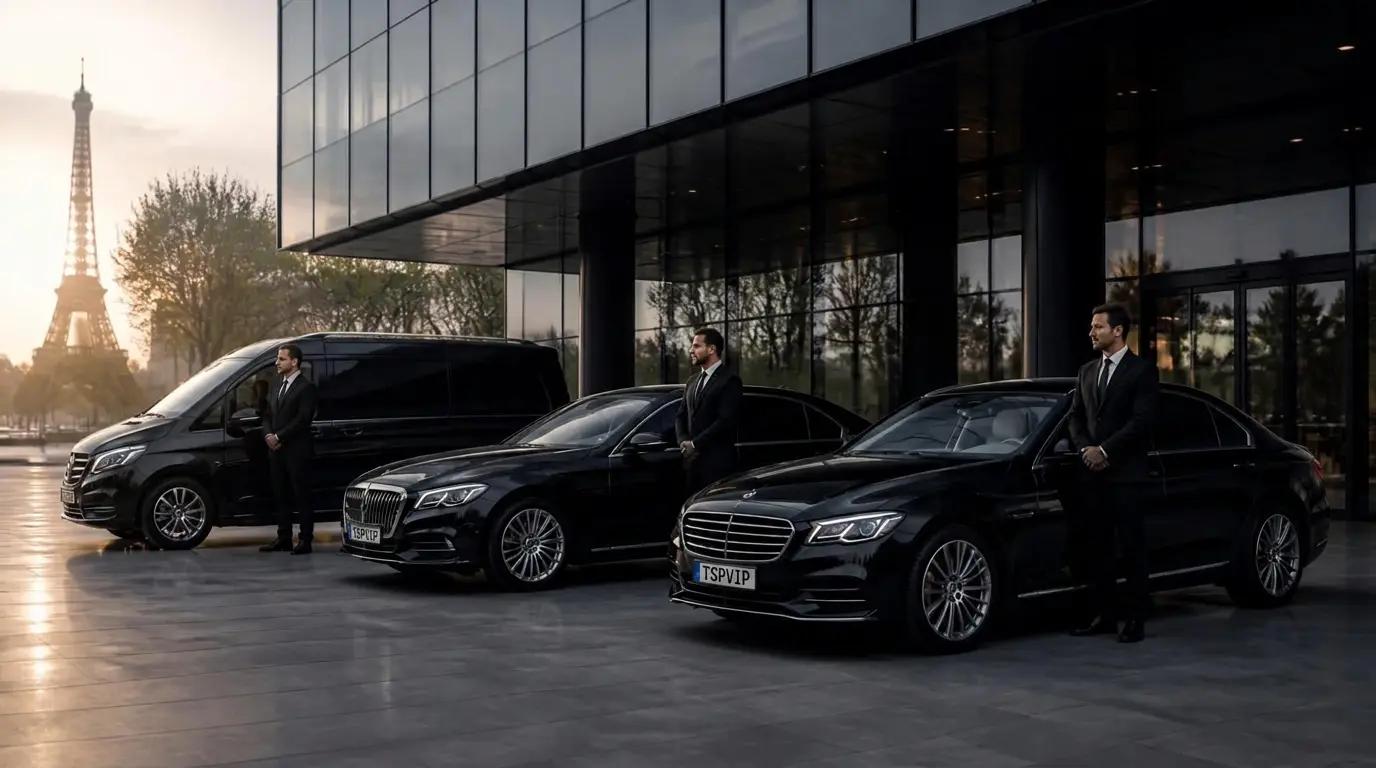 Flotte TSPVIP de berlines et vans VIP alignés pour un dispositif Fashion Week à Paris