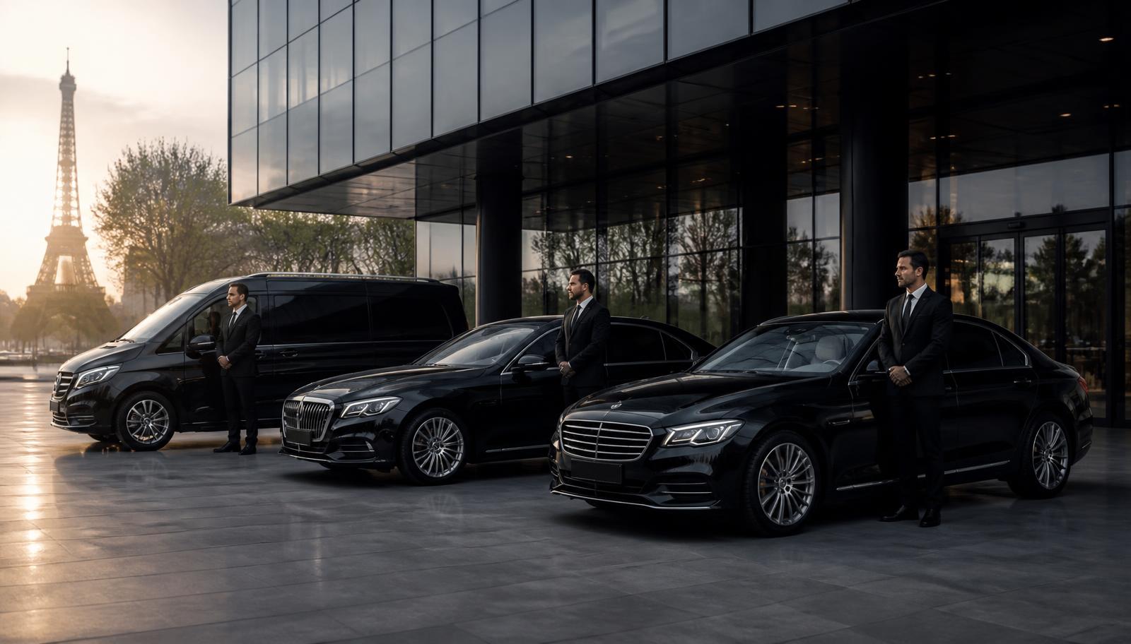 Flotte TSPVIP de berlines et vans VIP alignés pour un dispositif Fashion Week à Paris