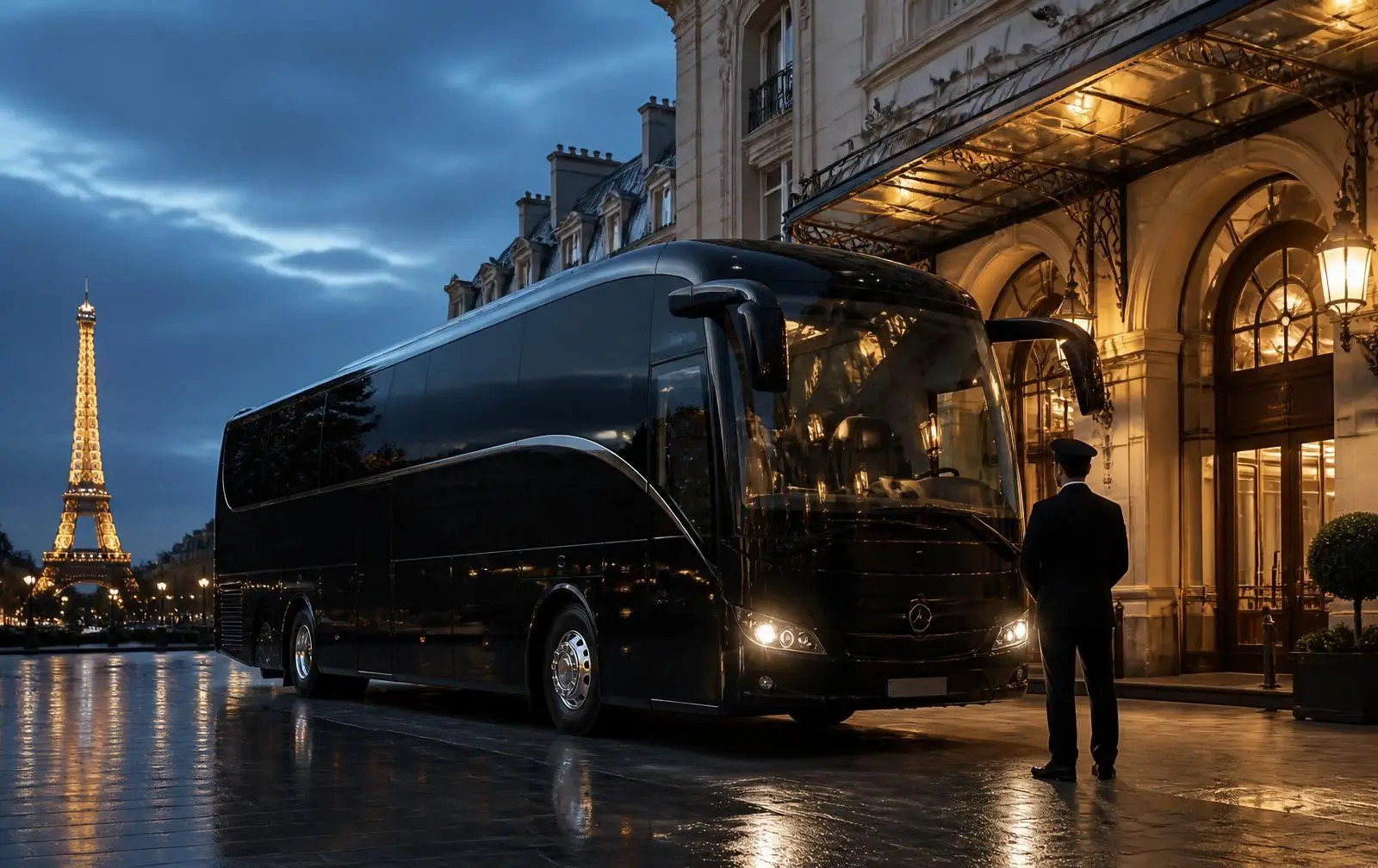 TSPVIP premium coach on a shuttle outside a Paris hotel