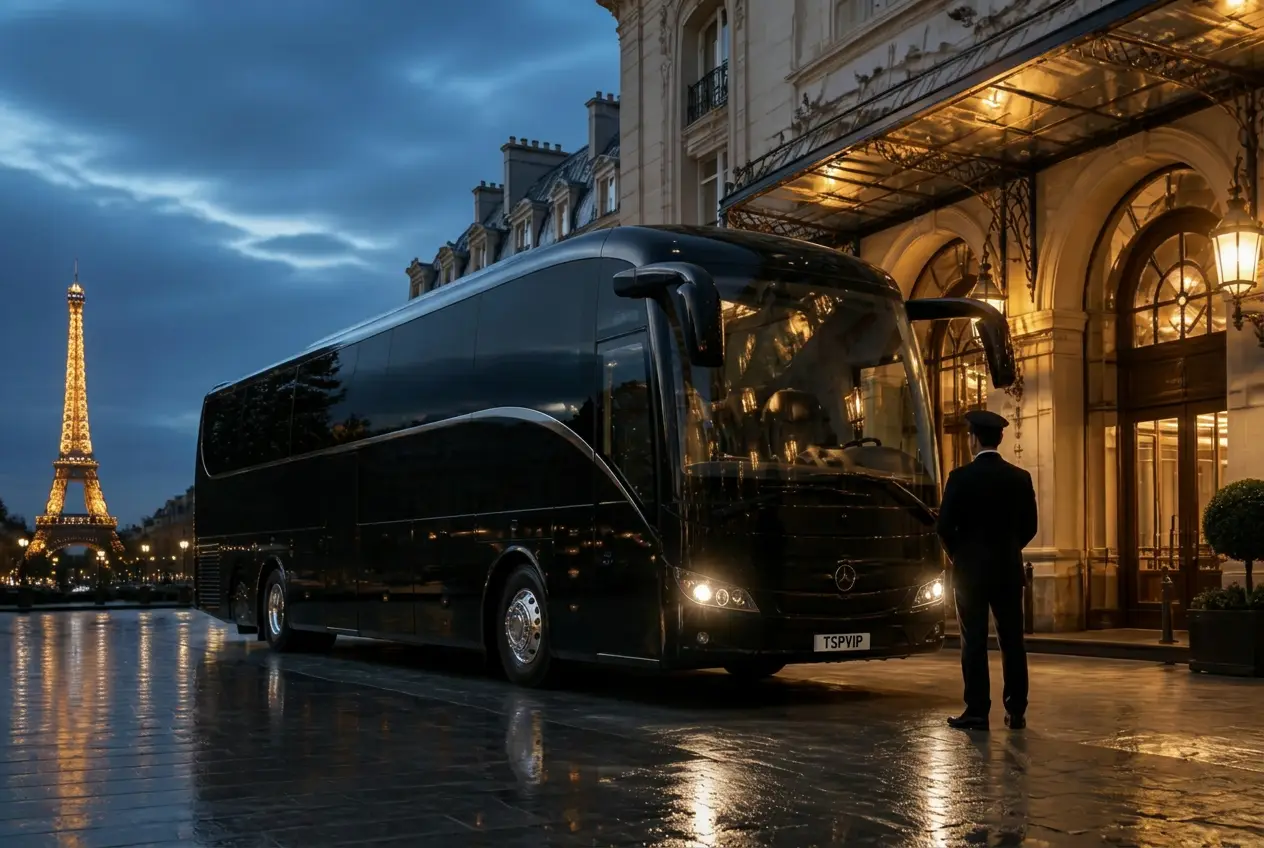 Autocar premium TSPVIP en navette devant un hôtel parisien