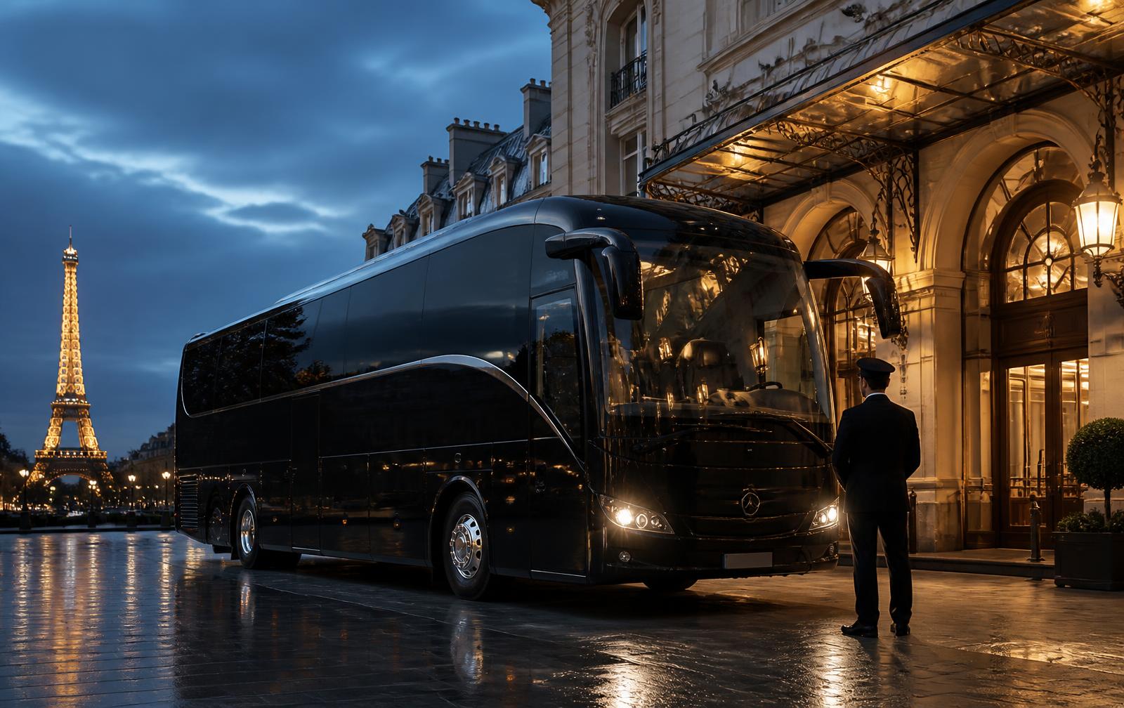 TSPVIP premium coach on a shuttle outside a Paris hotel