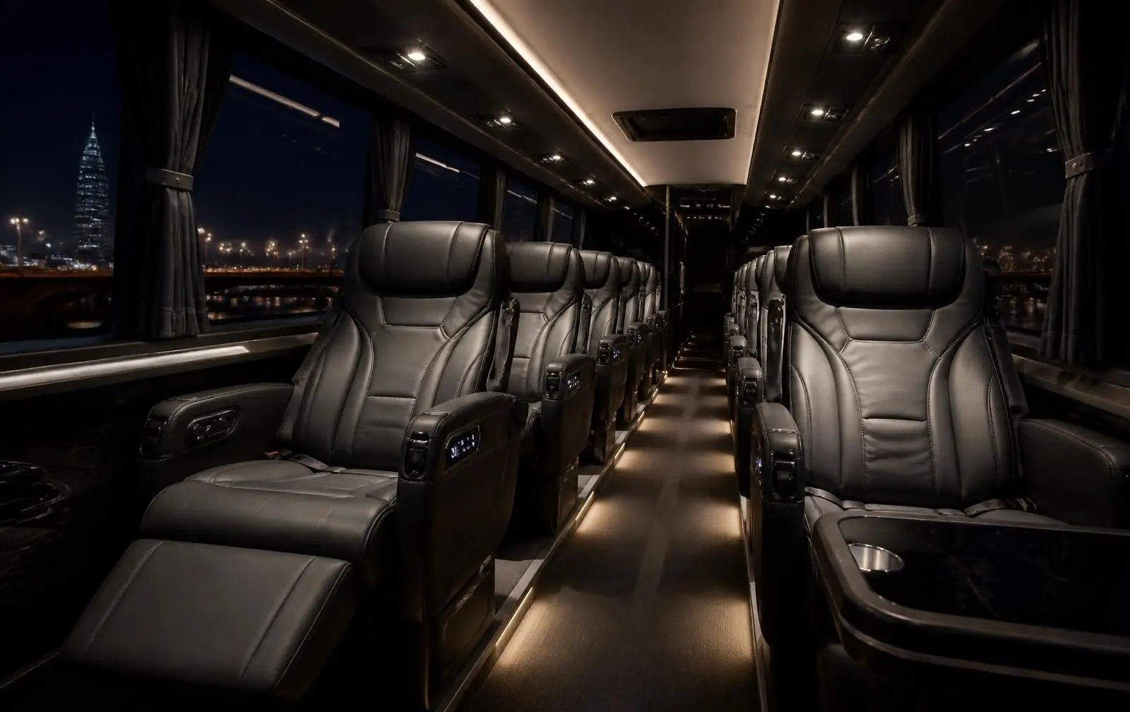 Interior of a TSPVIP premium coach: reclining seats and ambient lighting
