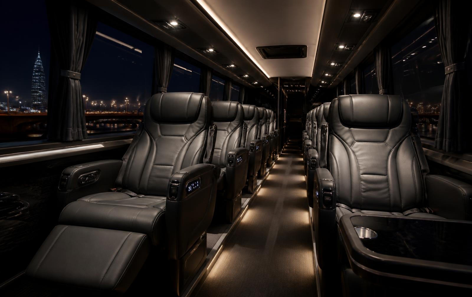 Interior of a TSPVIP premium coach: reclining seats and ambient lighting