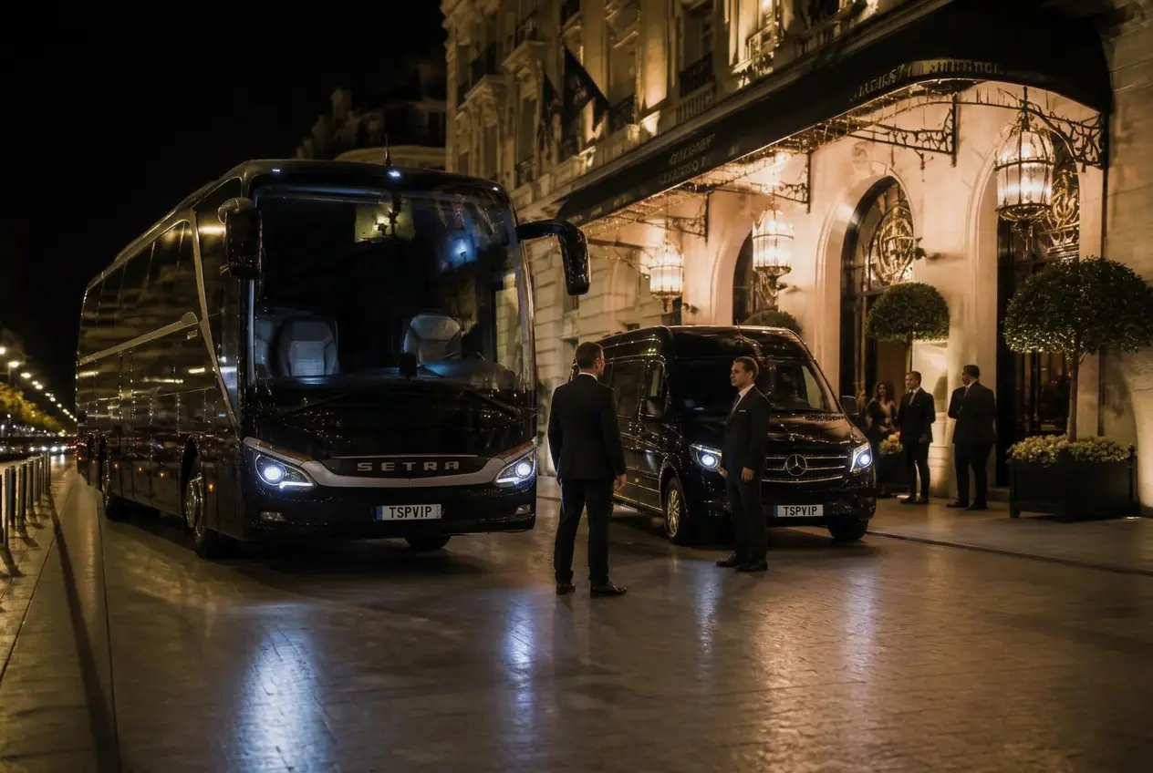 Groupe de délégués embarquant dans un autocar premium TSPVIP à Paris