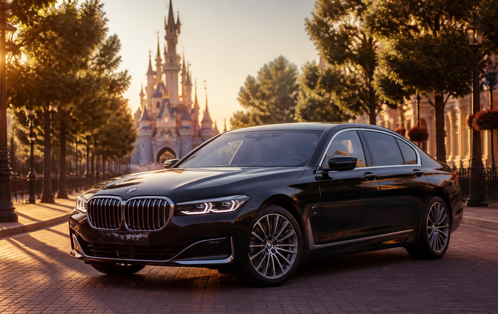 TSPVIP BMW 7 Series sedan with the Disneyland Paris Sleeping Beauty castle in the background