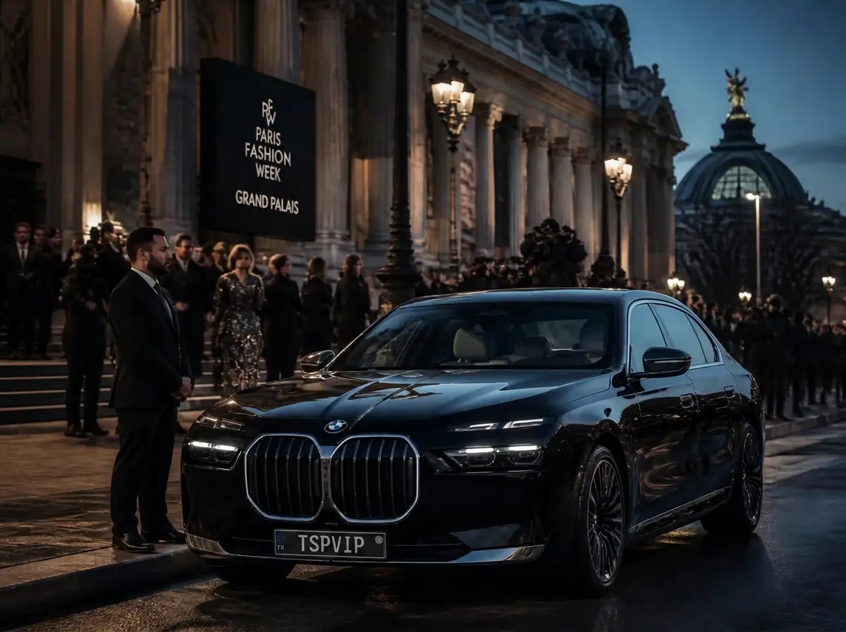 BMW i7 noire TSPVIP avec chauffeur devant le Grand Palais pendant la Paris Fashion Week au crépuscule