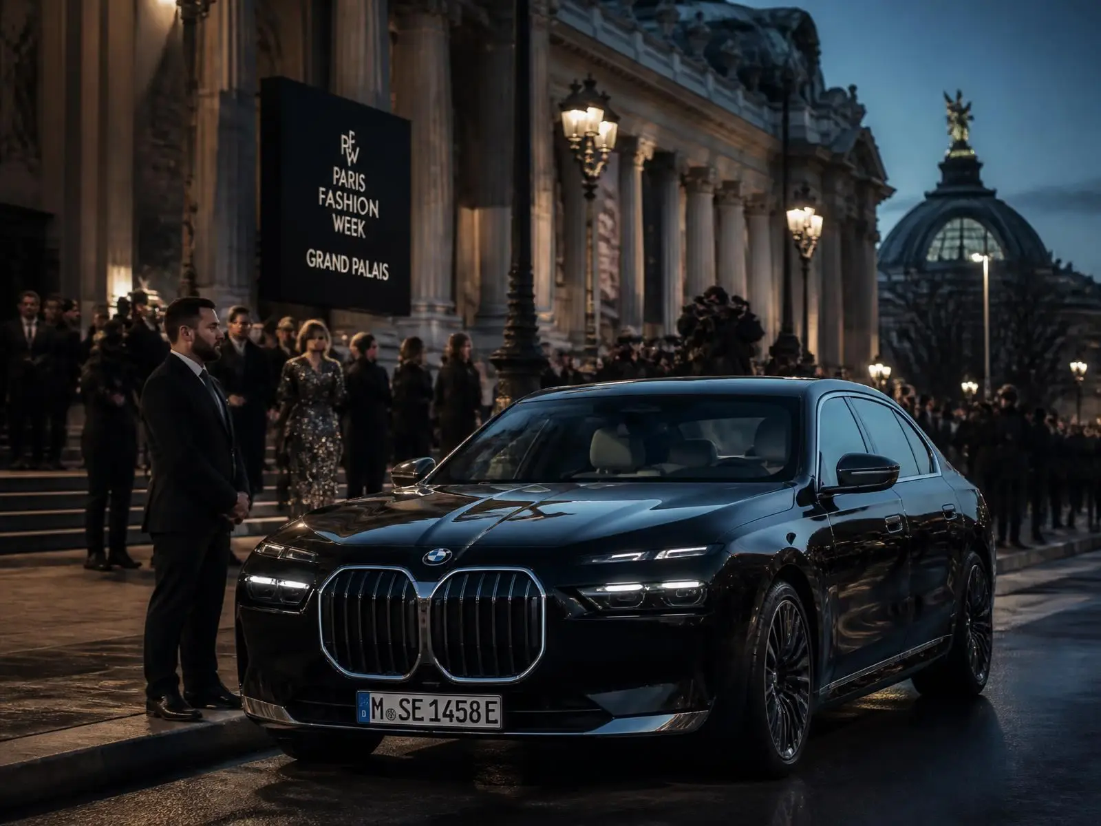 Black BMW i7 with TSPVIP chauffeur waiting outside the Grand Palais during Paris Fashion Week at dusk