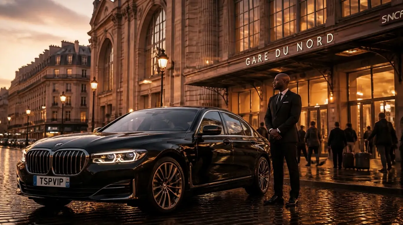 Berline BMW noire TSPVIP et chauffeur en costume devant l'entrée de la Gare du Nord à Paris au crépuscule