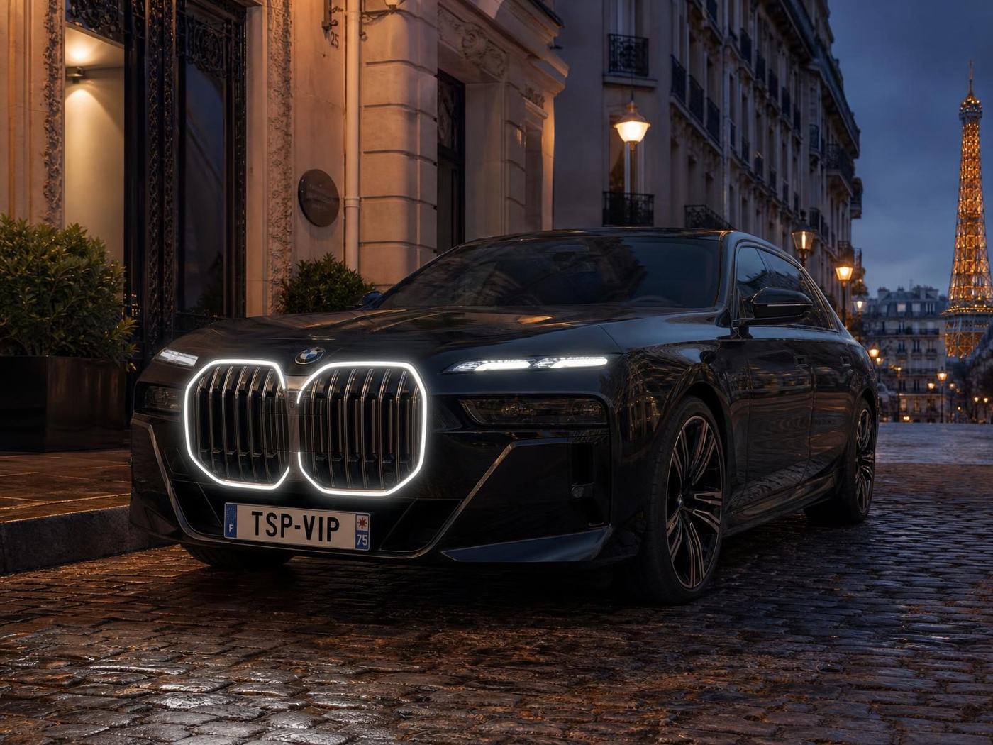Limusina BMW i7 de nueva generación con chófer privado TSPVIP en París