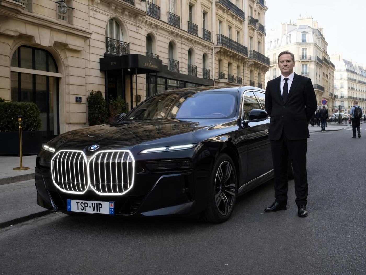 Chófer privado TSPVIP junto a una limusina BMW i7 de nueva generación en París