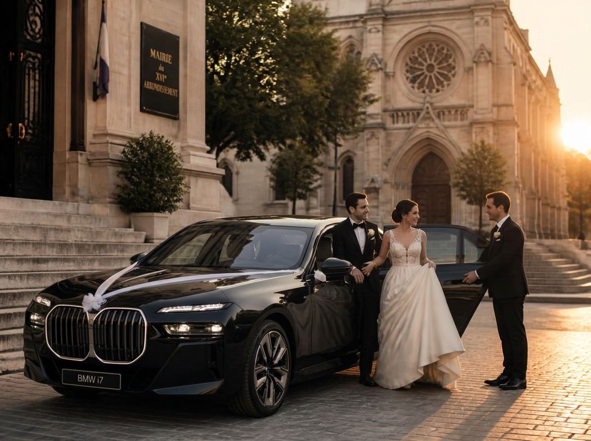 TSPVIP BMW i7 wedding limousine, chauffeur opening the door for the bride and groom outside a Paris town hall