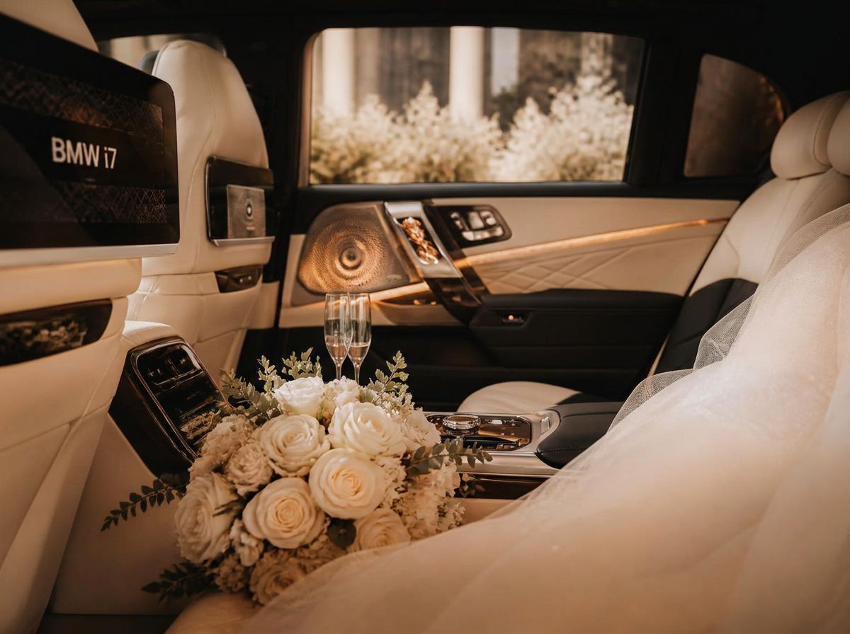 BMW i7 limousine interior prepared for a wedding with a white rose bouquet and champagne flutes