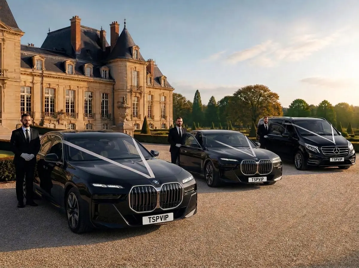 Cortejo de boda TSPVIP: BMW Serie 7, BMW i7 y Mercedes Clase V ante un château francés