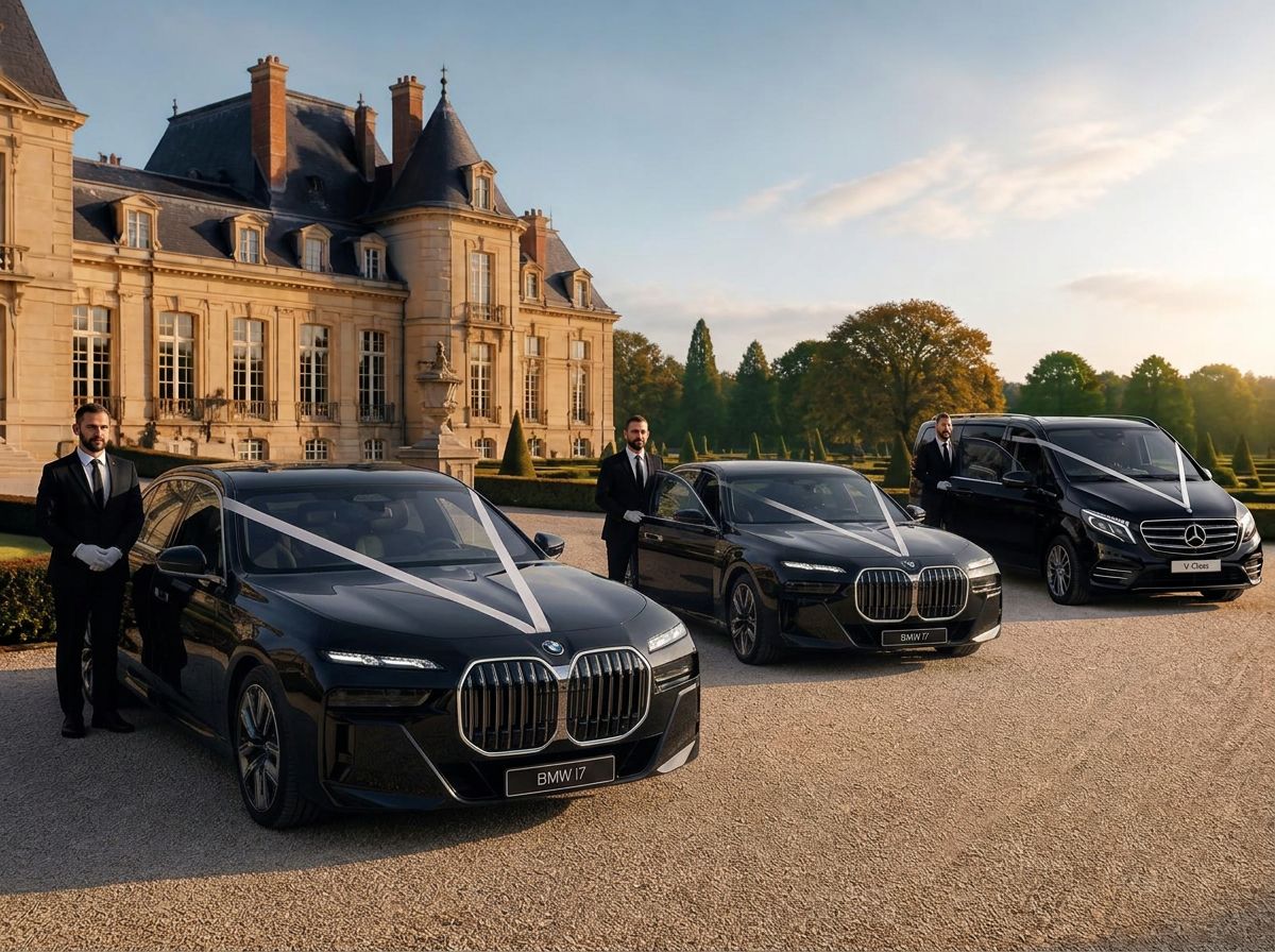 TSPVIP wedding cortege: BMW 7 Series, BMW i7 and Mercedes V-Class in front of a French château