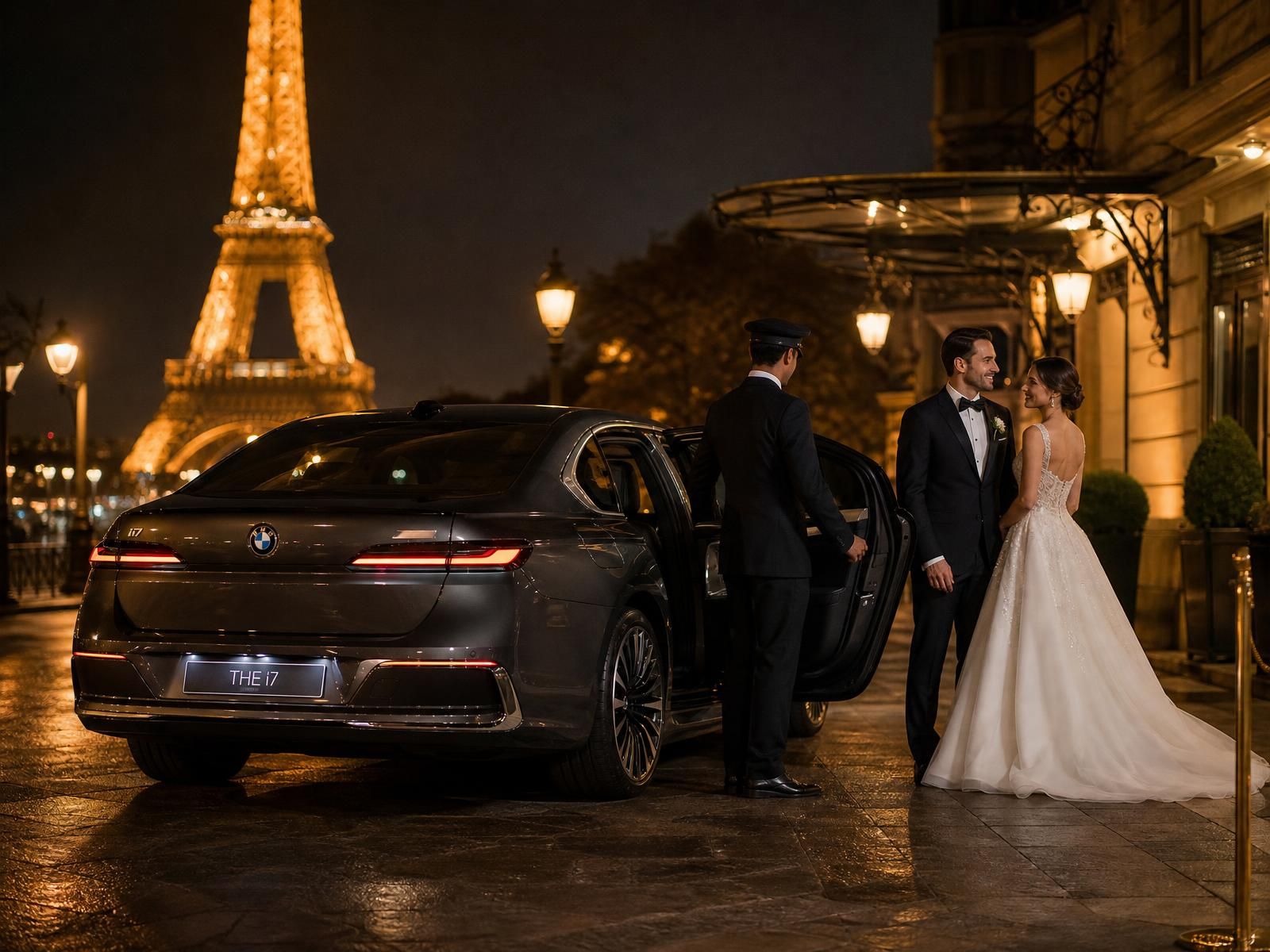 Newlyweds stepping out of a TSPVIP limousine at night in front of the Eiffel Tower
