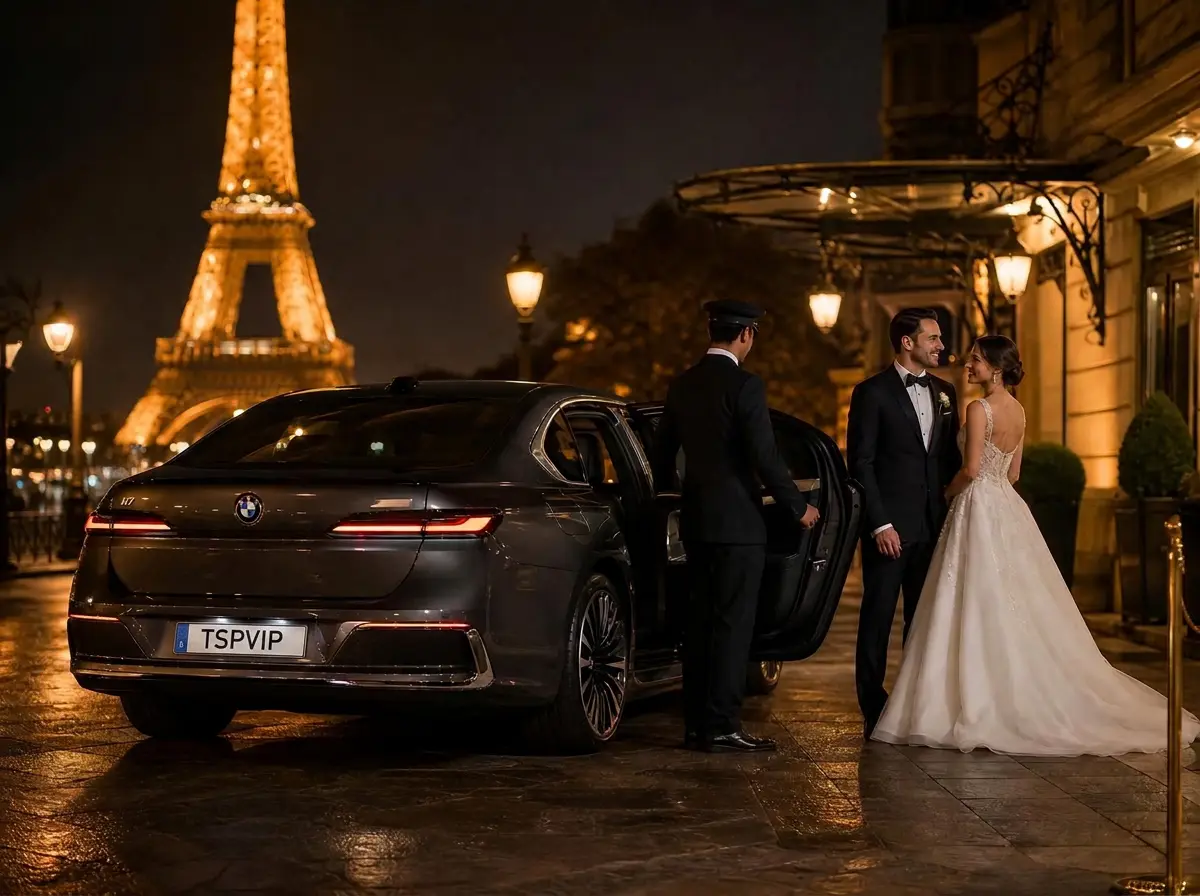 Recién casados saliendo de una limusina TSPVIP de noche ante la torre Eiffel