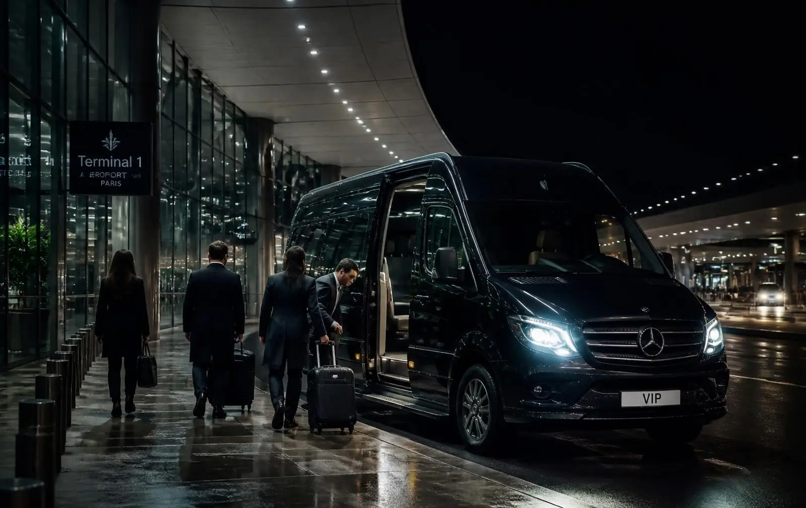 Business delegation boarding a TSPVIP VIP Sprinter at a Paris airport