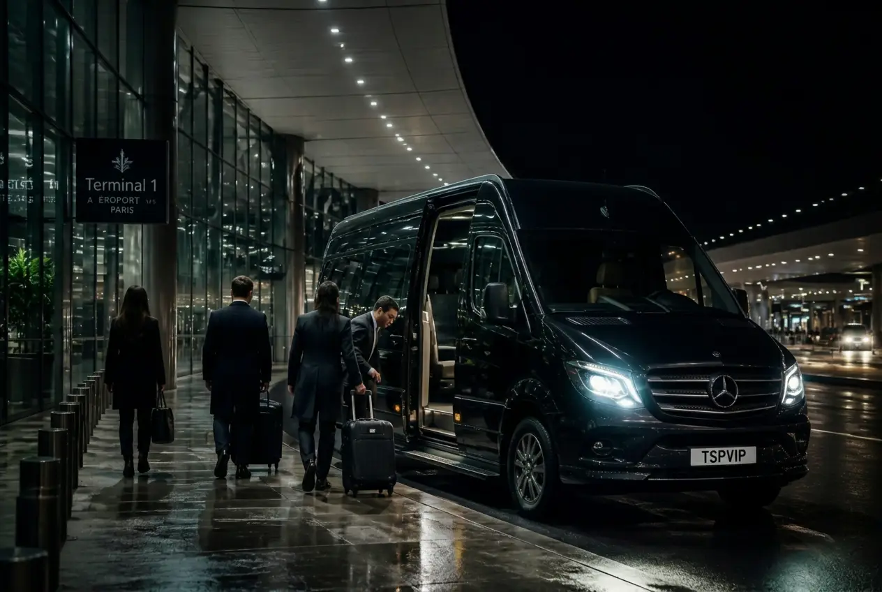 Délégation business embarquant dans un Sprinter VIP TSPVIP à l'aéroport de Paris