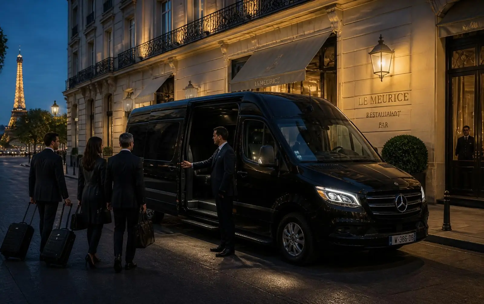TSPVIP VIP Sprinter picking up a group outside a Paris hotel