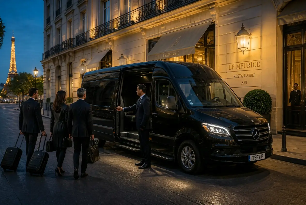 Sprinter VIP TSPVIP en prise en charge de groupe devant un hôtel parisien