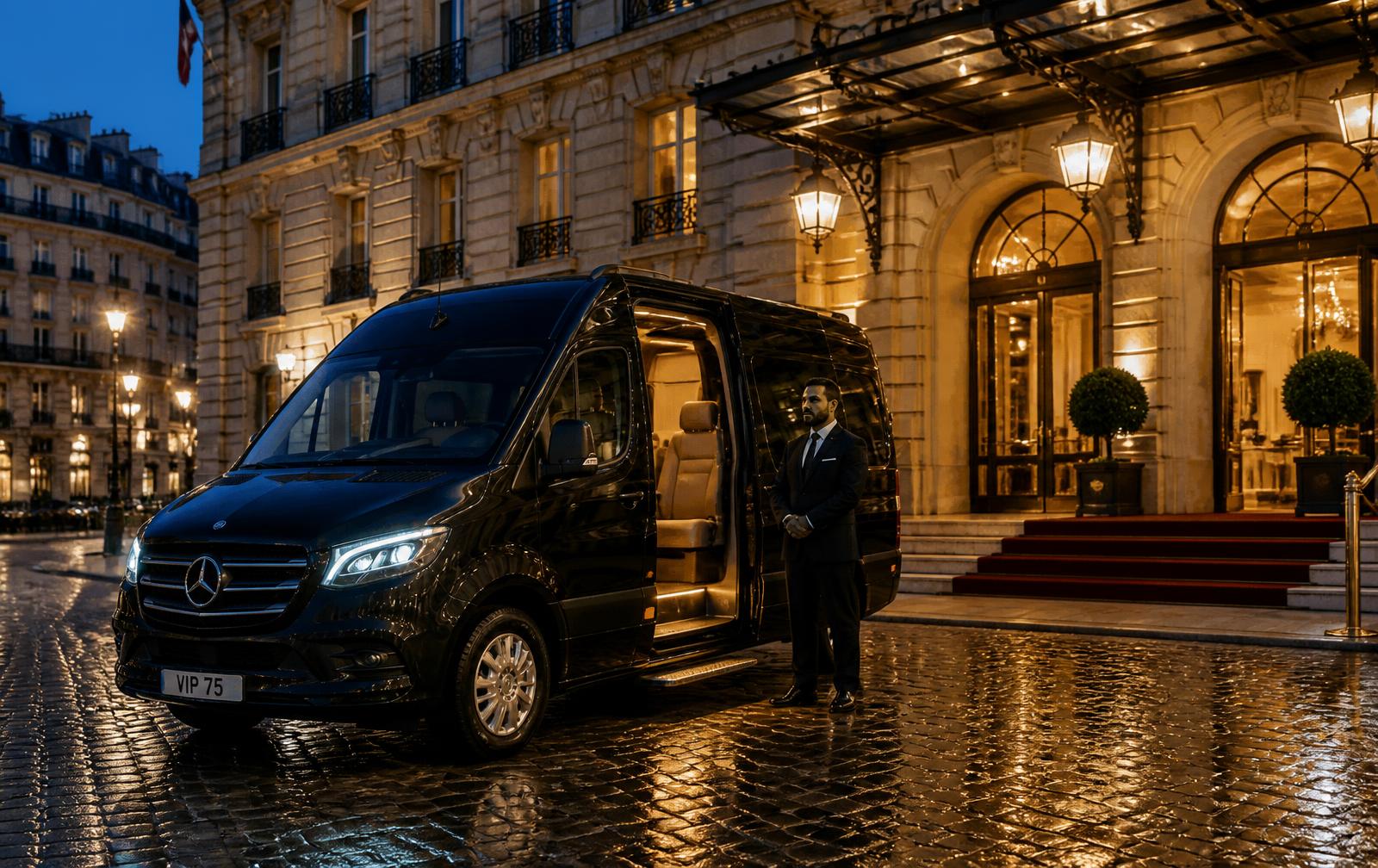 Sprinter VIP noir avec chauffeur TSPVIP devant un palace parisien